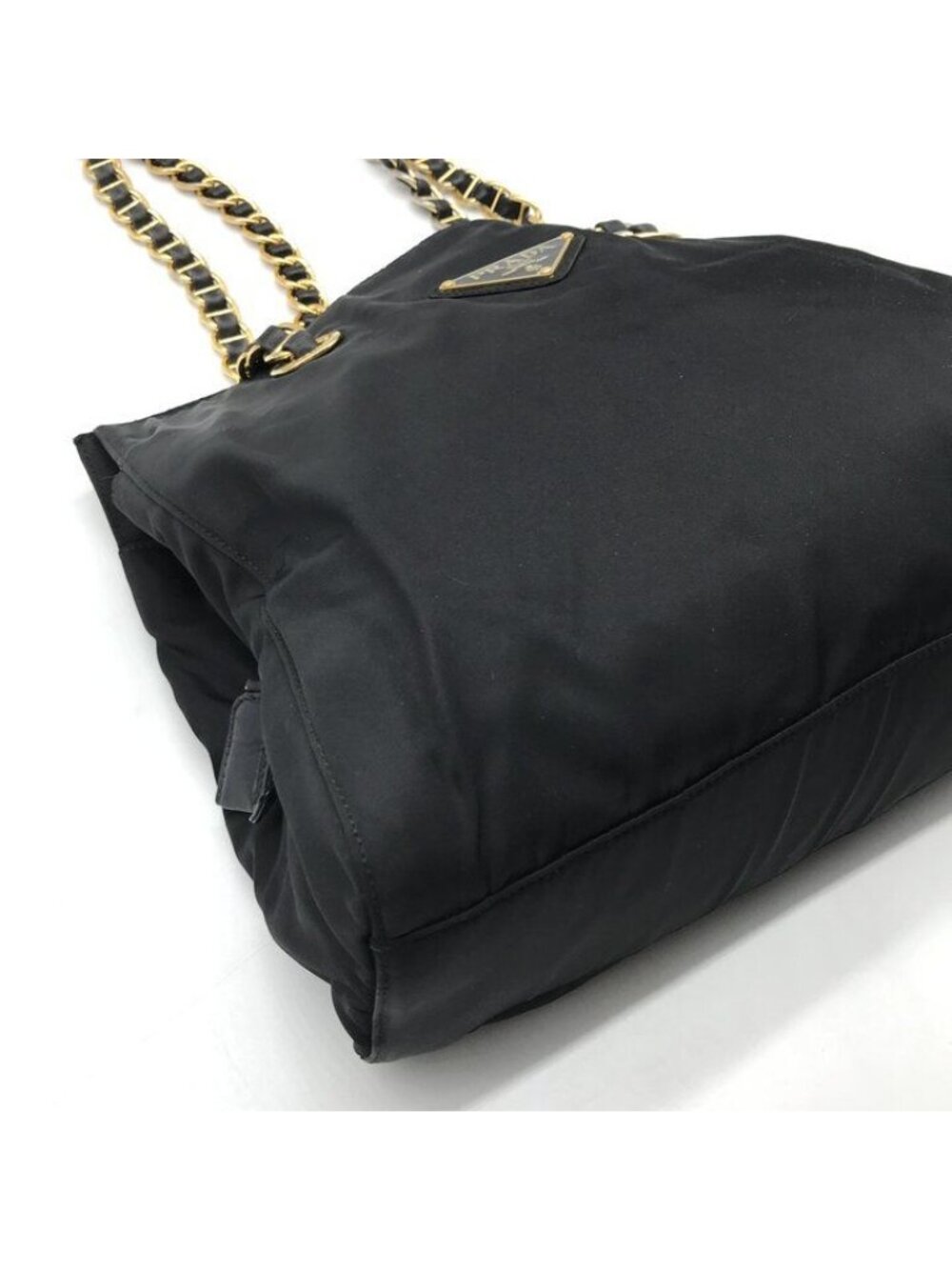 Prada Triangle Logo Nylon Tessuto Chain Shoulder Tote Black Purse - Picture 6 of 10